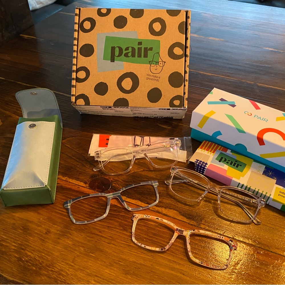 Pair Eyewear brand Kirby and Jessie Clear frames and 2 (non pair brand) toppers.